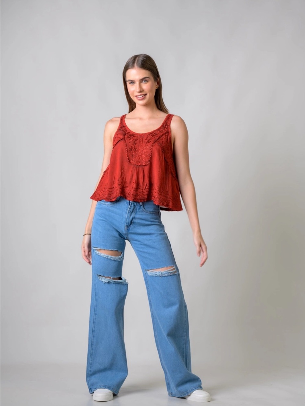 Boho Embroidered Scoop Neck Tank Top - Red